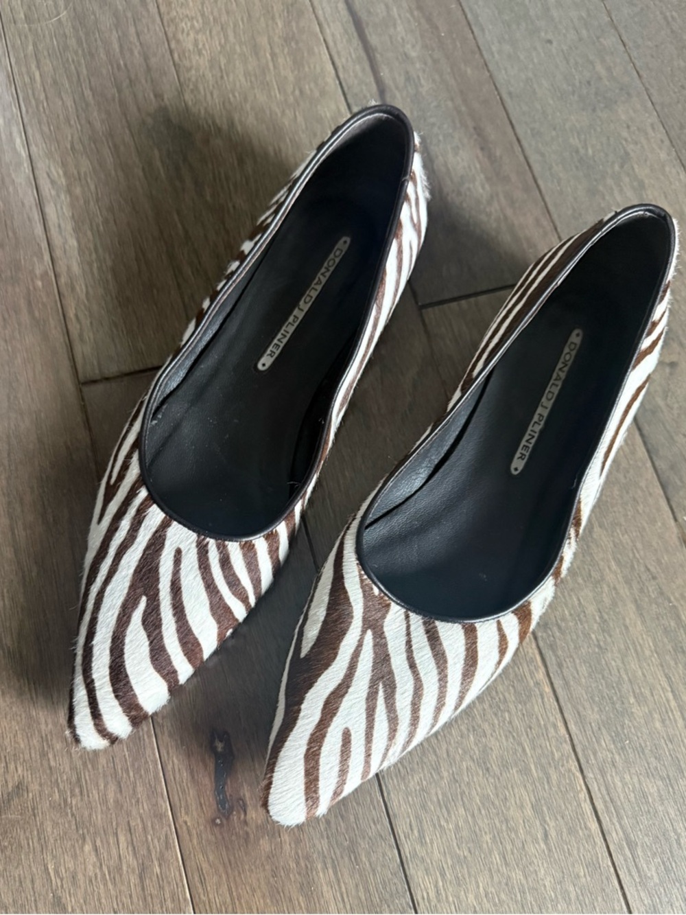Donald J. Pliner Brown and White Zebra Print Pointed Toe Flats 7.5